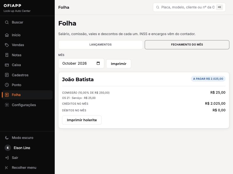 Fechamento do mês com comissões e holerite