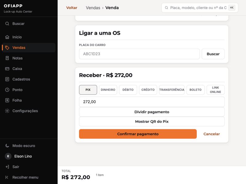 Tela de receber com Pix, dinheiro, cartão, boleto e link